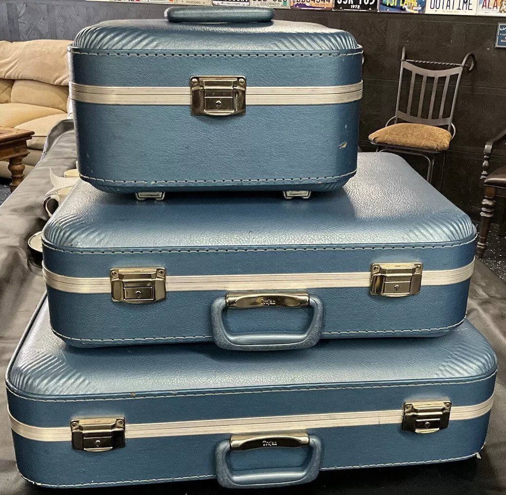 Vintage Mid Century 3pc Trojan HARD Suitcase Luggage Set Blue Train Case  Used