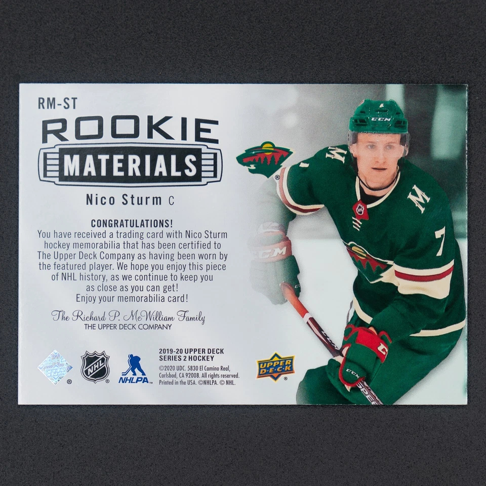 2019-20 Upper Deck Series 2 ROOKIE Materials RM-ST NICO STURM Wild 💥💥💥 - Image 2 of 2