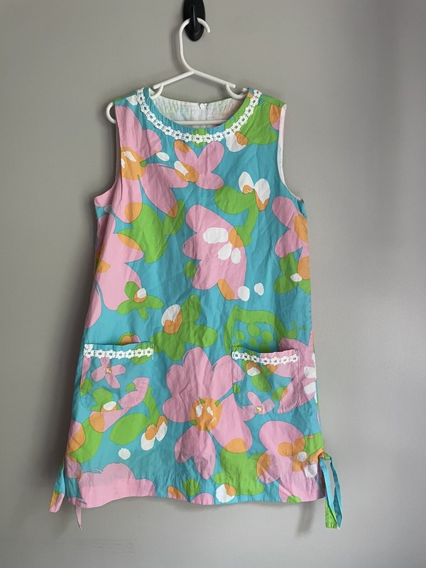 Lily Pulitzer Shift Dress Girls Size 10 Floral Print Daisy Lace Detail Pink Blue