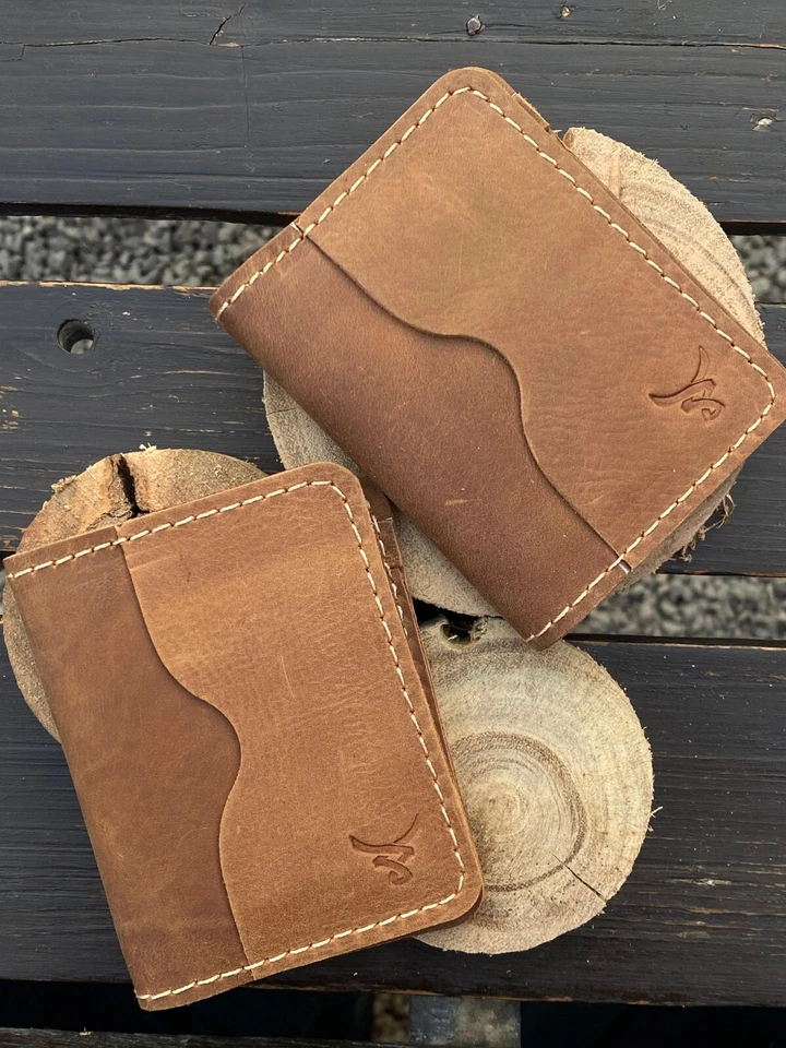 Minimalist Wallet Leather Bifold Wallet Hand Stitched Real Leather Vintage Tan - Image 2 of 3