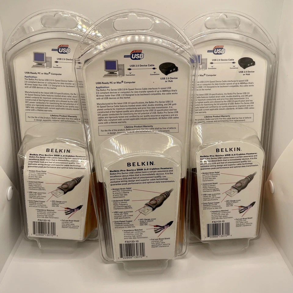 3X Belkin USB Cable High Speed 40 Times Faster 10 Feet / 3M For Windows & Mac - Image 2 of 2