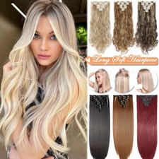 CLEARANCE Mega Thick Clip in Real Natural Hair Extensions Full Head Long Wavy US