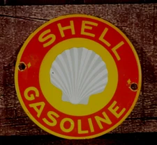 SHELL GASOLINE with Gray & White Shell PORCELAIN COLLECTIBLE RUSTIC ADVERTISING