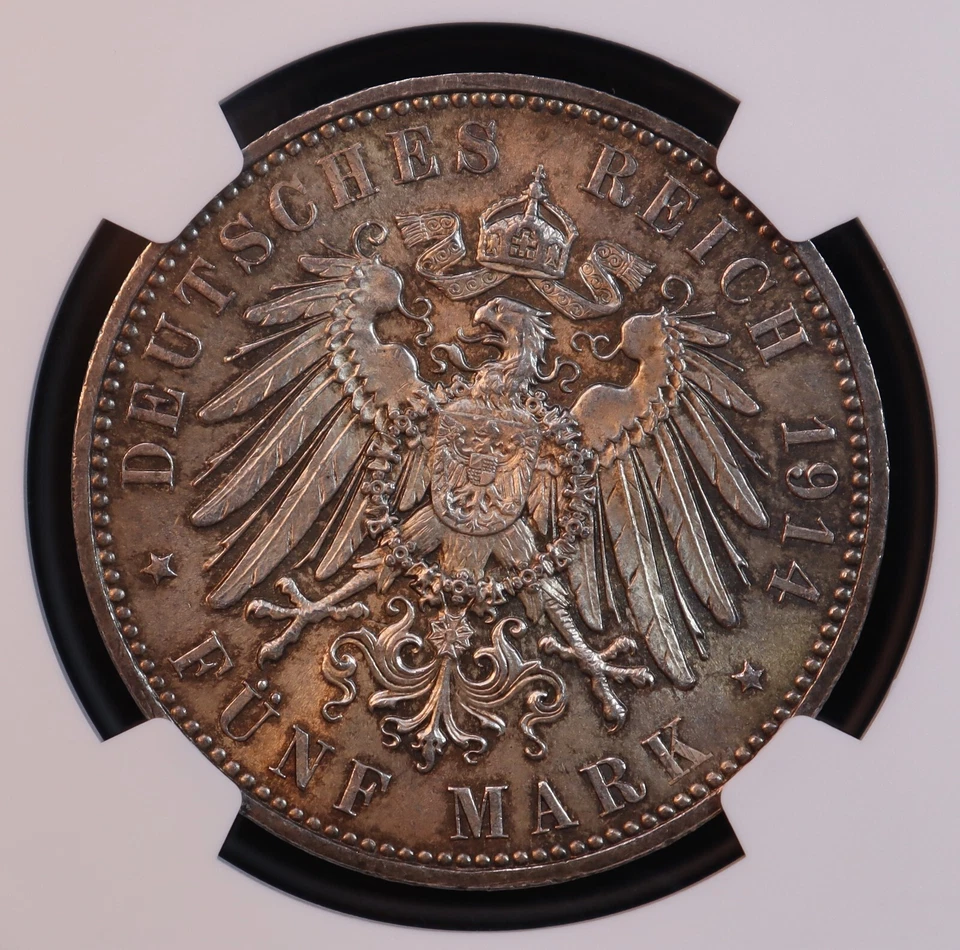 1914-E Germany Saxony "Friedrich August III" Silver 5 Marks -NGC MS63! Stunning! - Image 2 of 4