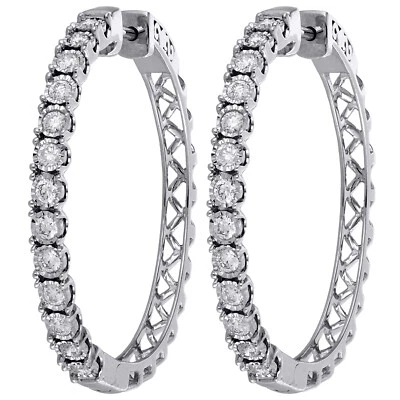 10K Weißgold Echtem Diamant Ein Reihen Blende Set 1.35 " Reifen Huggie Ohrringe - Bild 1 von 4