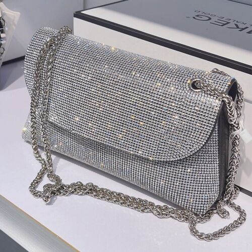 Silber Clutch Damen Abend Schultertasche Strass Kristall Party Kette Geldbörse - Bild 8 von 24
