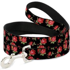 Dog Leash Red Roses Scattered Black 6 Feet Long 0.5 Inch Wide