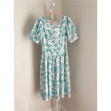 Vintage Prairie Midi Dress Light Gray w Blue Floral Accents Farmhouse Cottage M