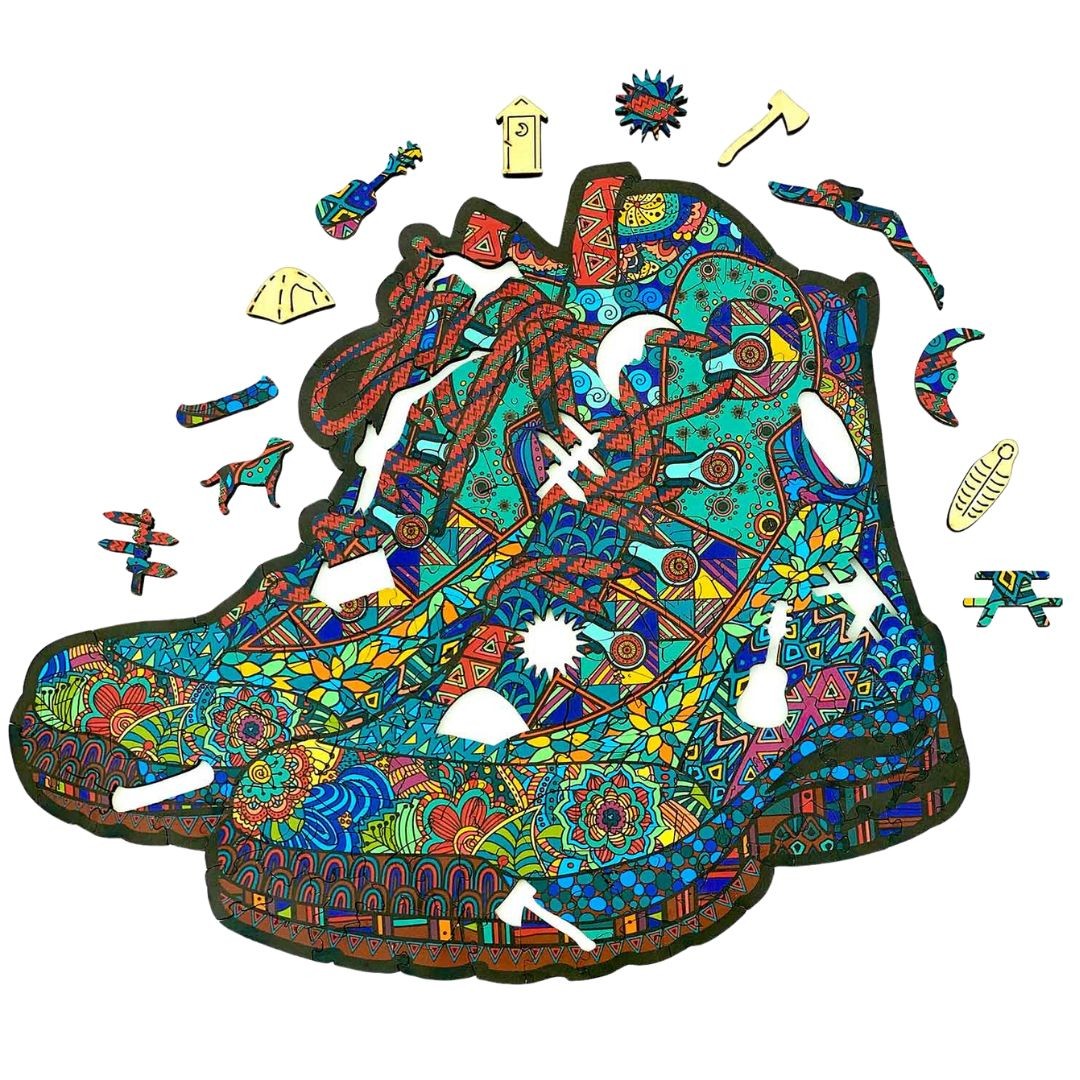 Rompecabezas de madera con botas de senderismo al aire libre GSI