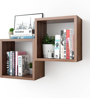 Stylish Walnut Cube Floating Shelves Set - Wall Mount Display, 2 Cubes