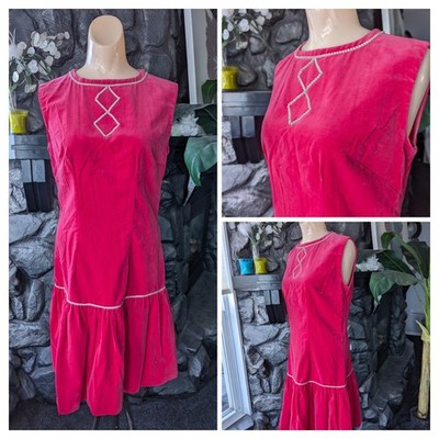 Vtg 60s Hot Pink Velvet Party Sheath Dress Rhinestone Trim Deep Ruffle Hem Mod M