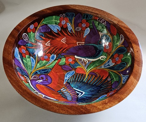 Nuevo Vallarta Mexican Folk Art Peacock Bird Hand Painted Wooden Bowl Signed 12" - Picture 2 of 17