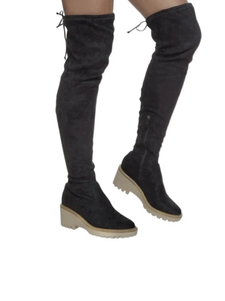 NEW Nicole Miller Bass Over The Knee Stretch Faux Suede Platform Boots Black 8.5 - Image 2 of 4