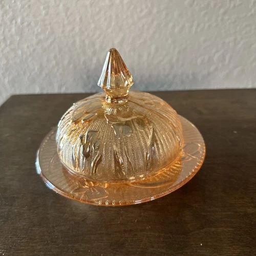 Jeanette Iris & Herringbone Carnival Marigold Glass Round Butter Lidded Dish