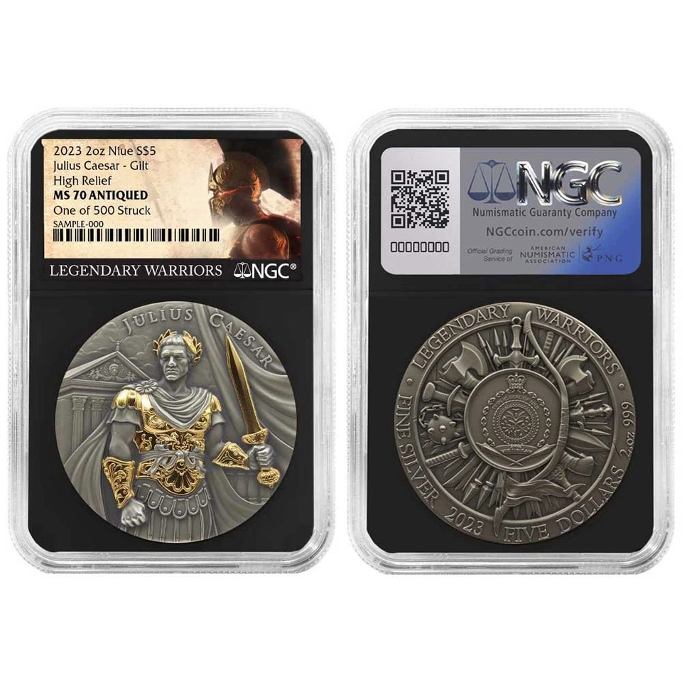 2023 Julius Caesar 2 oz High Relief Silver Antiqued & Gold Gilded NGC MS70 - Image 3 of 3