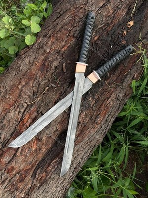 Handmade Wakizashi Japanese Sword: K110 Bohler Steel, Leather Wrapped Handle