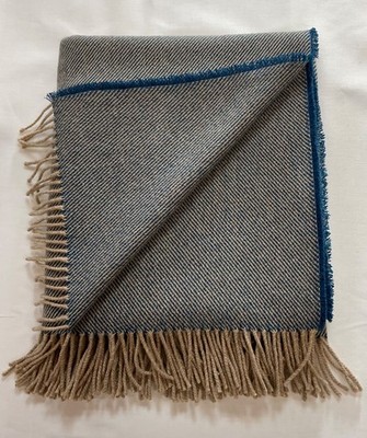 REINE WOLLE Fransen Überwurf/Decke/UK GEWEBT. Blau/Hellbraun Twill. Gratis P.