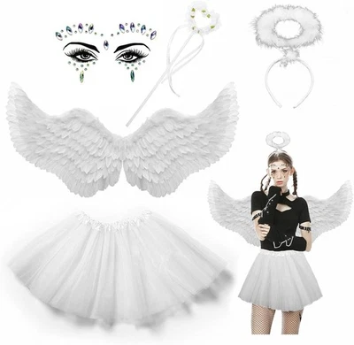 Engel Kostüm Damen Set mit Engelsflügel Schwarz Heiligenschein TuTu Rock und