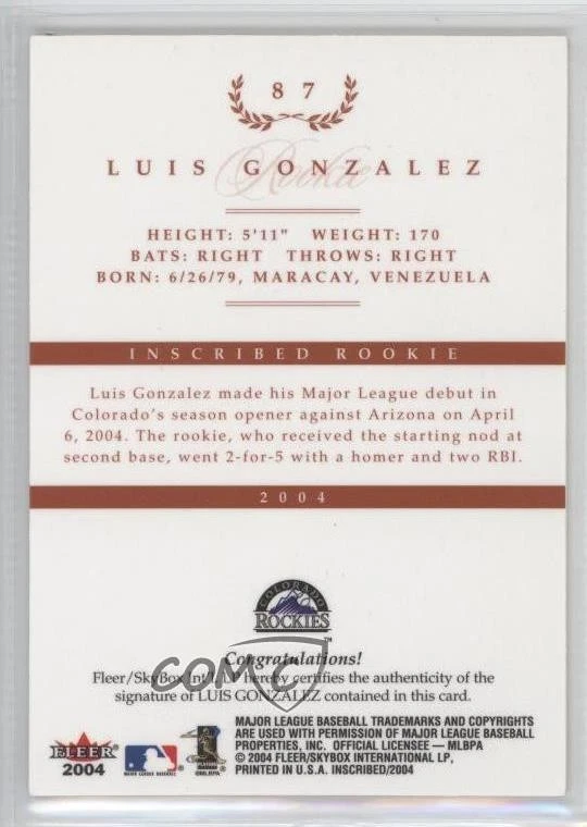 2004 Fleer inScribed Rookie Auto /750 Luis Gonzalez Luis A Gonzalez #87 Auto - Image 2 of 2