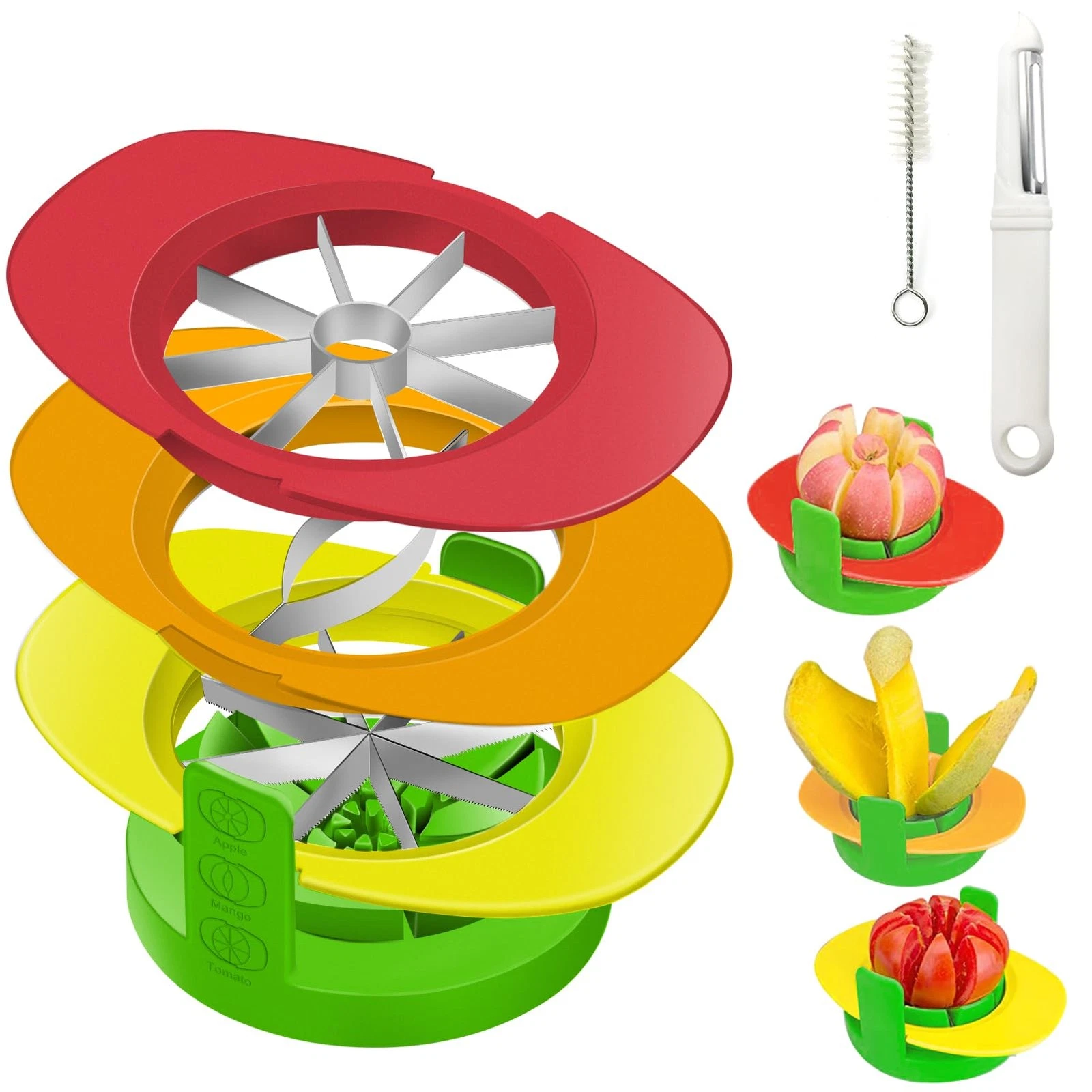 Fruit Cutter Slicer, 4 in 1 Apple Slicer with Vegetable Peeler & Cleaning Bru...