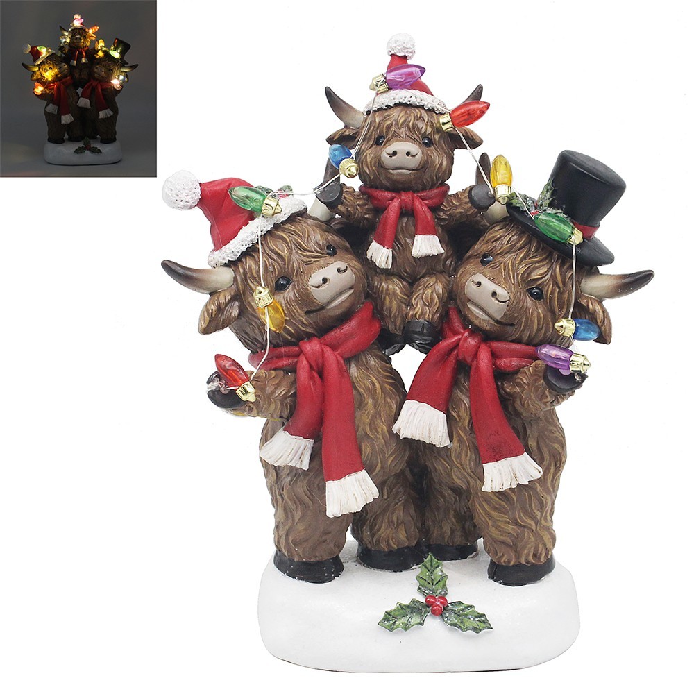 Highland Cow family with LED Light Large Ornament Figurine