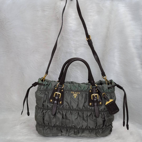 PRADA BN1788 Green Nylon Leather 2Way Tote Shoulder Bag Authentic Excellent F/S