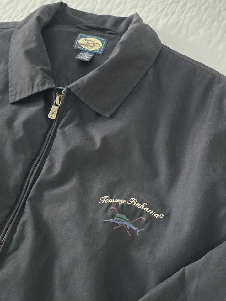 Vintage Tommy Bahama Black Harrington Waxed Bomber Jacket Men’s Large Lined - Image 2 of 4