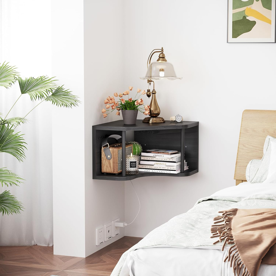 Black Corner Floating Shelf Wall Mounted, Pine Wood Shelves 90° Corner