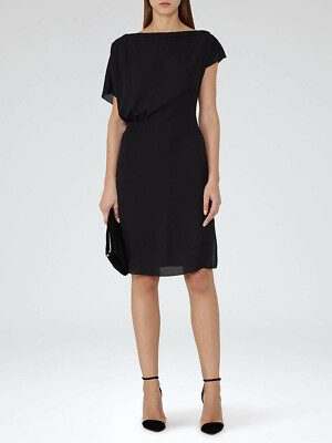 REISS Yen Drape Asymmetric Back Smart Party Cocktail Dress Size 2, Black
