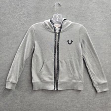 True Religion Girls Sweater S Gray Hoodie Logo Hook Up Graphic Pockets Full Zip