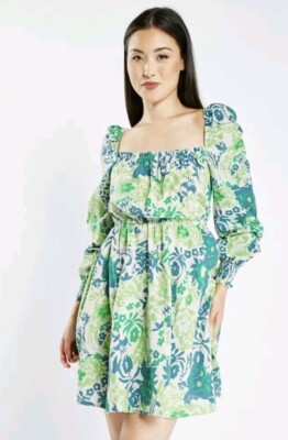 Square Necked Green Print Mini Skater Dress Ladies Size 14 Bnwt NEW