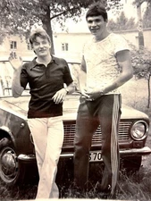 1980s Two Young Guys Handsome Men Car lovers Vintage B&W Photo Portrait