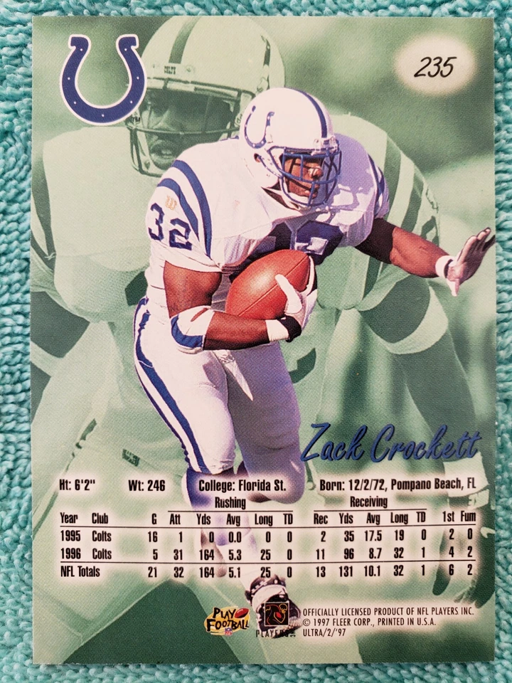 1997 FLEER ULTRA ZACK CROCKETT #235 INDIANAPOLIS COLTS - Image 3 of 4