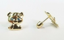 14k Yellow Gold Teddy Bear Cute Blue Eyes CZ Kids All Ages Earrings Small Studs