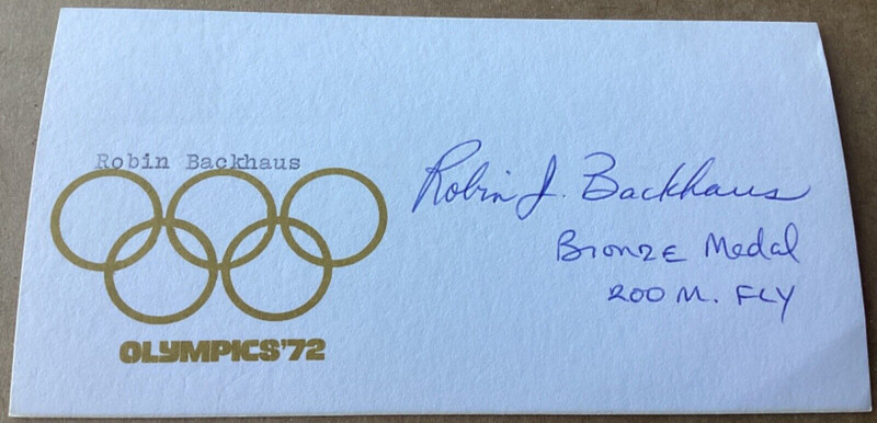 ROBIN BACKHAUS Autographed Signed 1972 Olympics Metalist Card Swim FREE SHIP