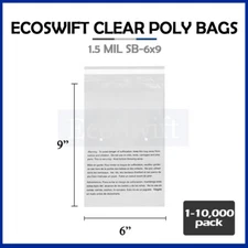 1-10000 6x9 EcoSwift Self Seal Suffocation Warning Clear Poly Bags Free Shipping