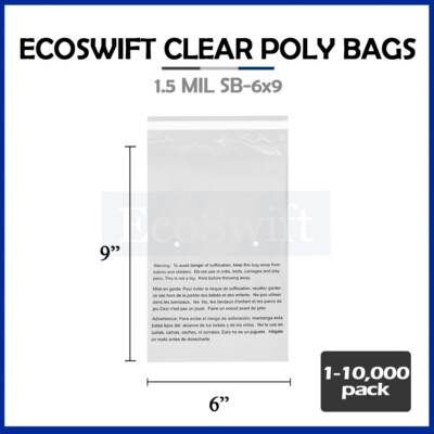 1-10000 6x9 EcoSwift Self Seal Suffocation Warning Clear Poly Bags Free Shipping