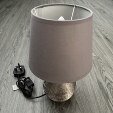 Silver Metallic Table Lamp With Grey Lamp Shade Switched In Good Condition
