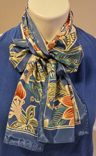 Vintage Boho Floral Scarf Polyester Blue Olive Cream Rose Turquoise LONG 10x52