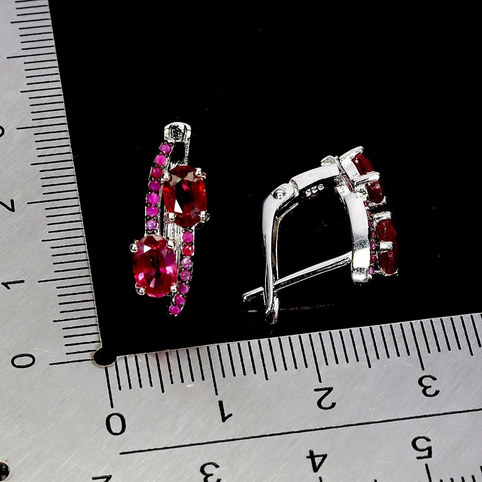 925 Sterling Silver Earrings Oval Ruby 6x4mm Ruby Diamond Cut Gemstone Jewelry - Image 3 of 4