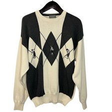 Lord  Taylor Vgt Golf Knit Sweater Ivory  Gray Diamond 100 Cotton Men's L