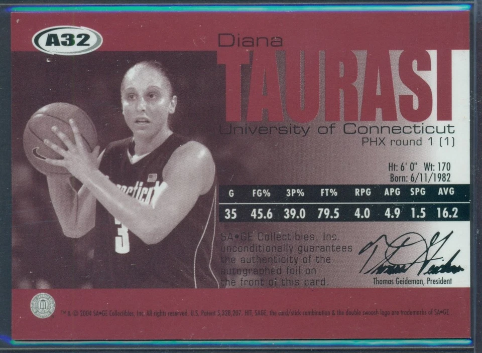 2004 SAGE HIT BRONZE AUTO AUTOGRAPH DIANA TAURASI #A32 176/250 UCONN - Image 2 of 2