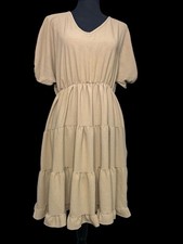 Tiered Midi Dress Women L Beige Puff Sleeves Elastic Waist Boho Cottagecore