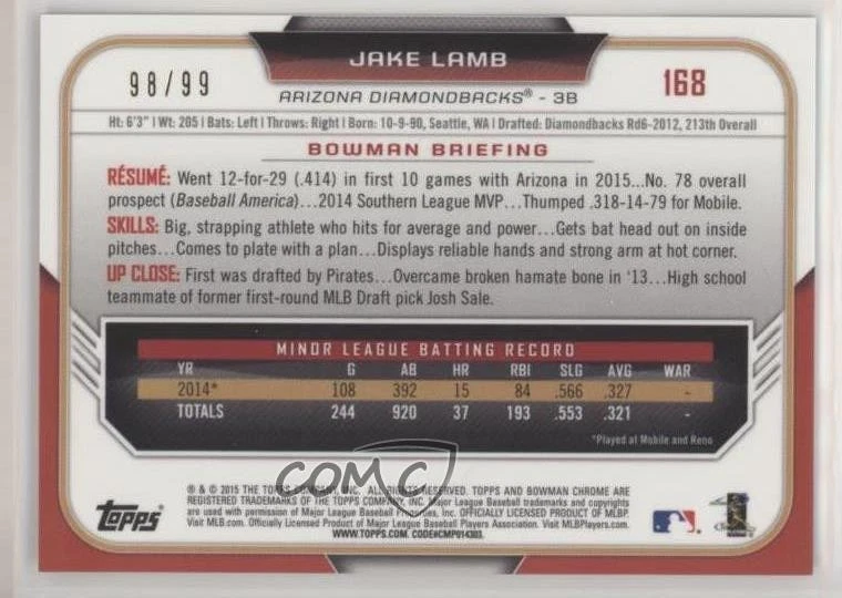 2015 Bowman Chrome Green Refractor /99 Jake Lamb #168 Rookie RC - Image 2 of 2