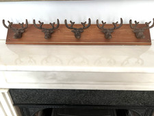 Cast Iron Stag Head Antler Wall Coat Hook Rack - Wood