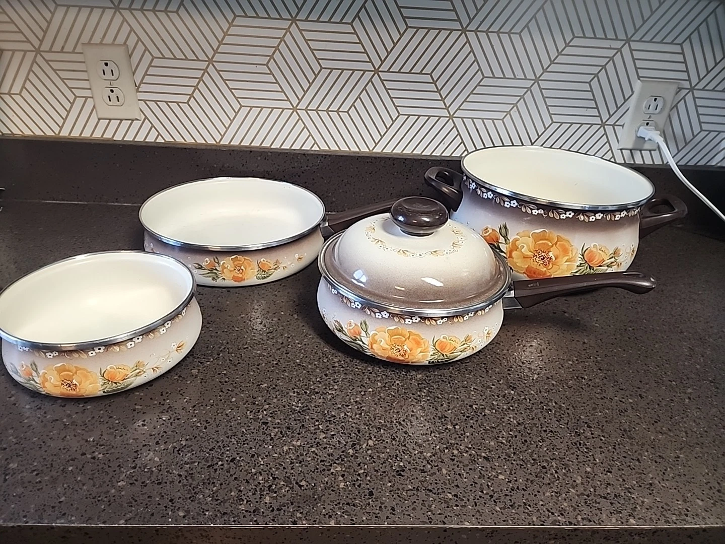 Vintage WMF Stahlemail Dutch Oven Retro Poppy Pattern Mid Century Modern 5piece