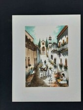 Gemälde einer Straße  in Taxco, Mexico, mit Kirche San Sebastian y Santa Prisca.