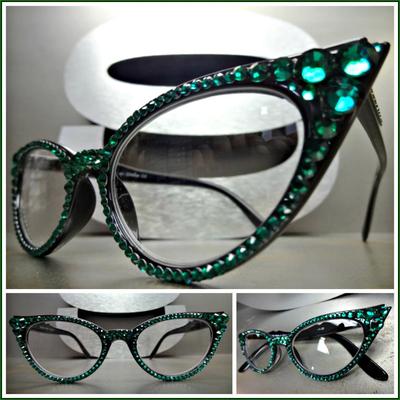 Womens VINTAGE CAT EYE Style READING EYE GLASSES READERS Green Crystals  Handmade