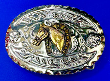 Horse Head Through Lucky Horseshoe Swirl Flower Vintage Western Belt Buckle