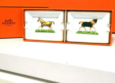 Hermes Posacenere Cambio Sigari Vassoio Porcellana Cavallo 2 Pezzi Verde Giallo con Scatola